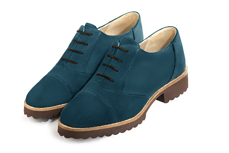 Peacock blue women's casual lace-up shoes. Round toe. Flat rubber soles. Front view - Florence KOOIJMAN